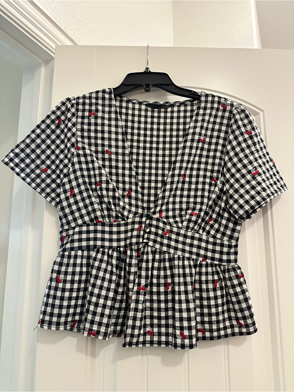Zara Black and White Gingham Peplum Top with Red Embroidery